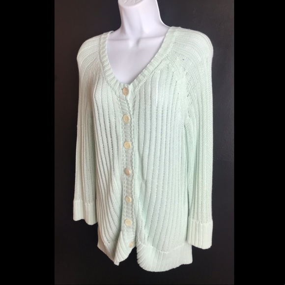 SUNDANCE Catalog Cardigan Sweater Ribbed Knit Blue Green Linen Cotton - Picture 3 of 7